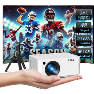 Mini Smart Projector, XGODY X2 Android 12 Portable HD Projector 12000L 1080P Support with WiFi and Bluetooth, Electric Focus/Keystone, Built-in Prime V, YouTube 8000+ APP, Tripod Included(Pearl White)