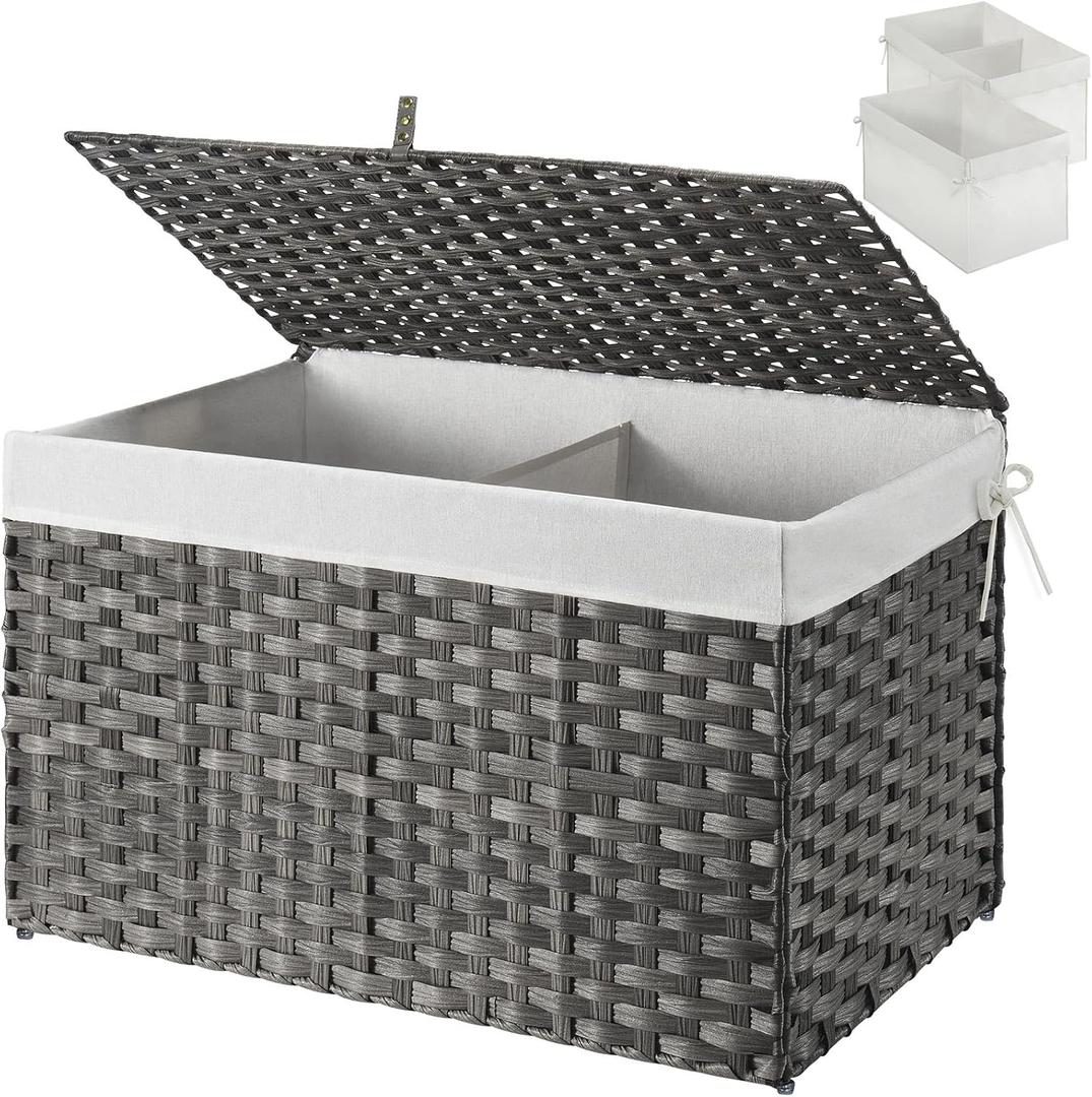 GREENSTELL Storage Basket with Lid, 17.2 Gallon(65L) Small Wicker Blanket Storage Basket with Handles, Foldable, 2 Removable Liner Bags, Metal Frame, for Bedroom, Laundry Room, Grey, 22.2"*13.4"*13.4"