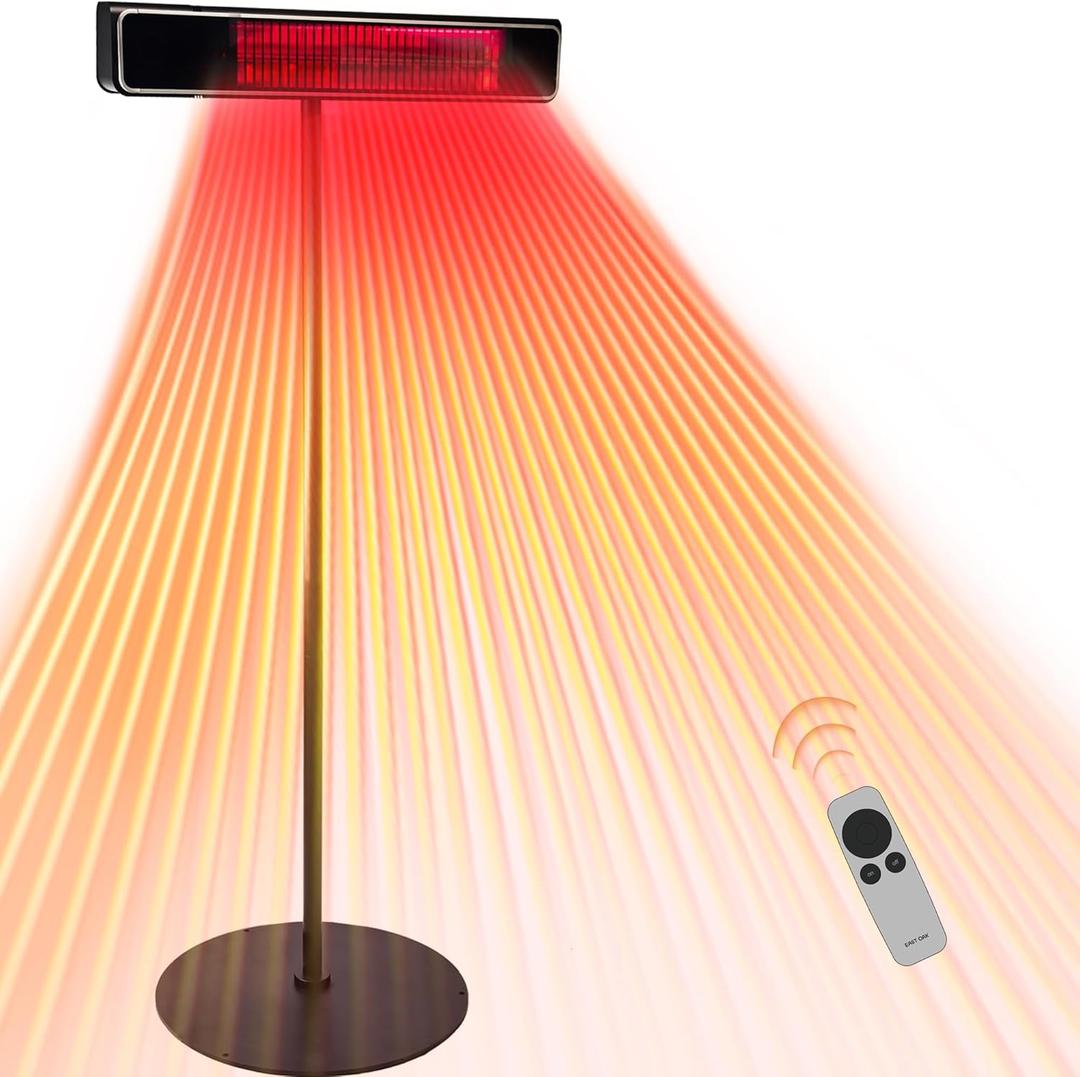 EAST OAK 1500W Electric Patio Heater, Indoor/Outdoor Standing Heater with Nano Glass-Ceramic, Fast Heat, Waterproof, 3 Modes, 24H Timer, Safety Tip-Over & Overheat Protection (Black)