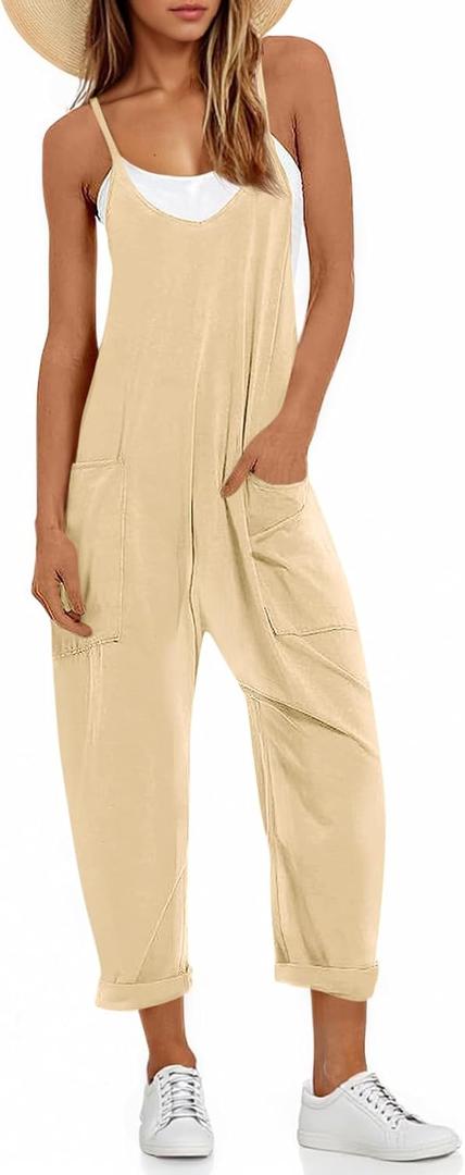Fisoew Women's Summer Sleeveless Loose Casual V Neck Jumpsuits Spaghetti Strap Long Pants Baggy Overalls with Pockets (Yellow, S)