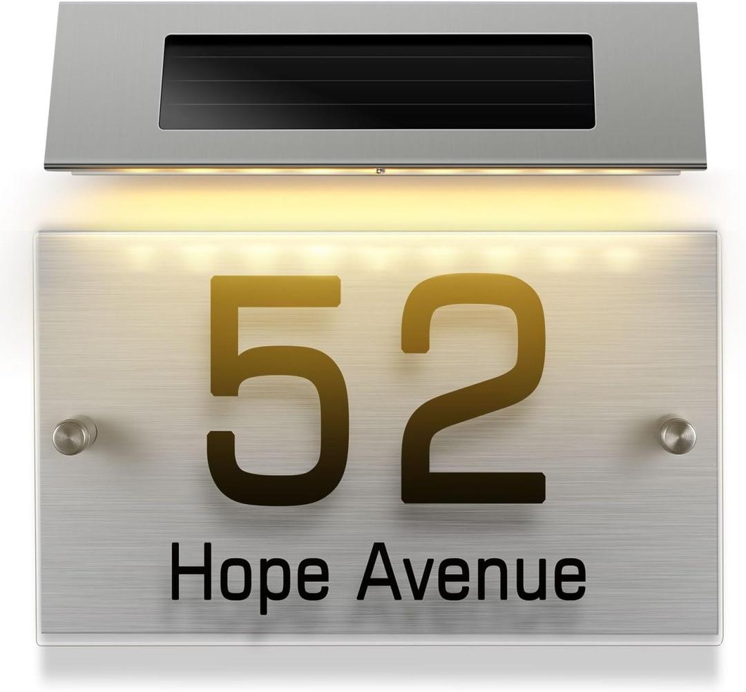 Angoily Solar Address Sign Lamp with 18 Led Lights, House Numbers for OutsideDual Color White and Warm Light, Stainless Steel Doorplate for Home Decor