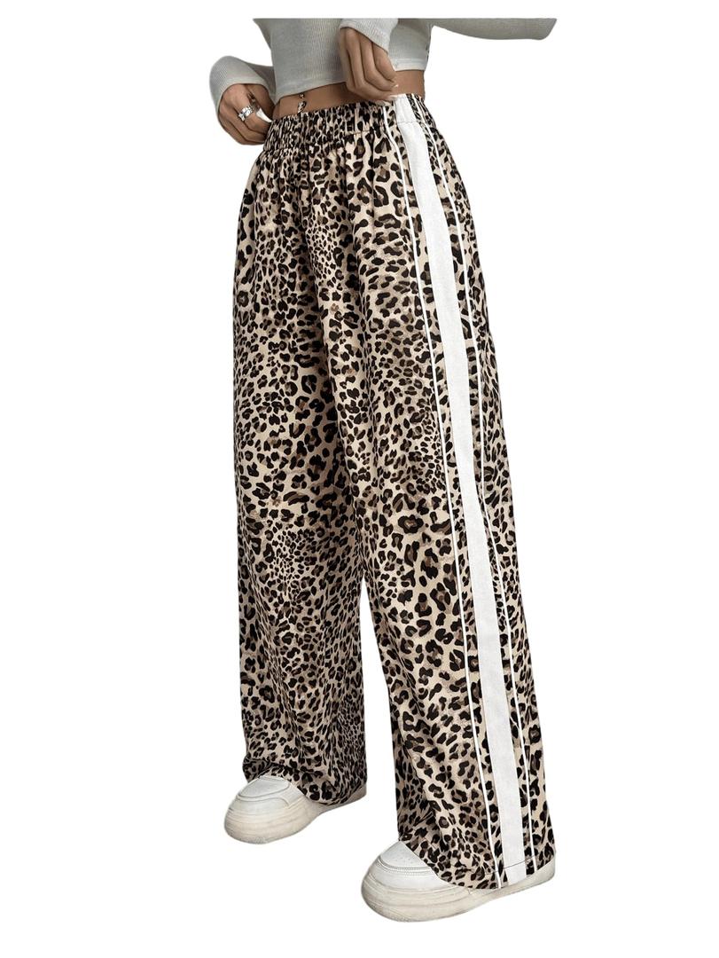 Verdusa Women's Petite Pants Leopard Print Baggy Pants Casual Workout Long Trousers College Clothes Brown Large Petite