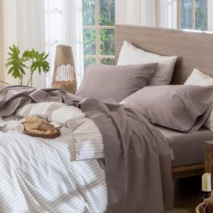 MooMee Bedding Sheet Set 100% Washed Cotton Linen Like Textured Breathable Durable Soft Comfy (Heathered Mauve Brown, King)