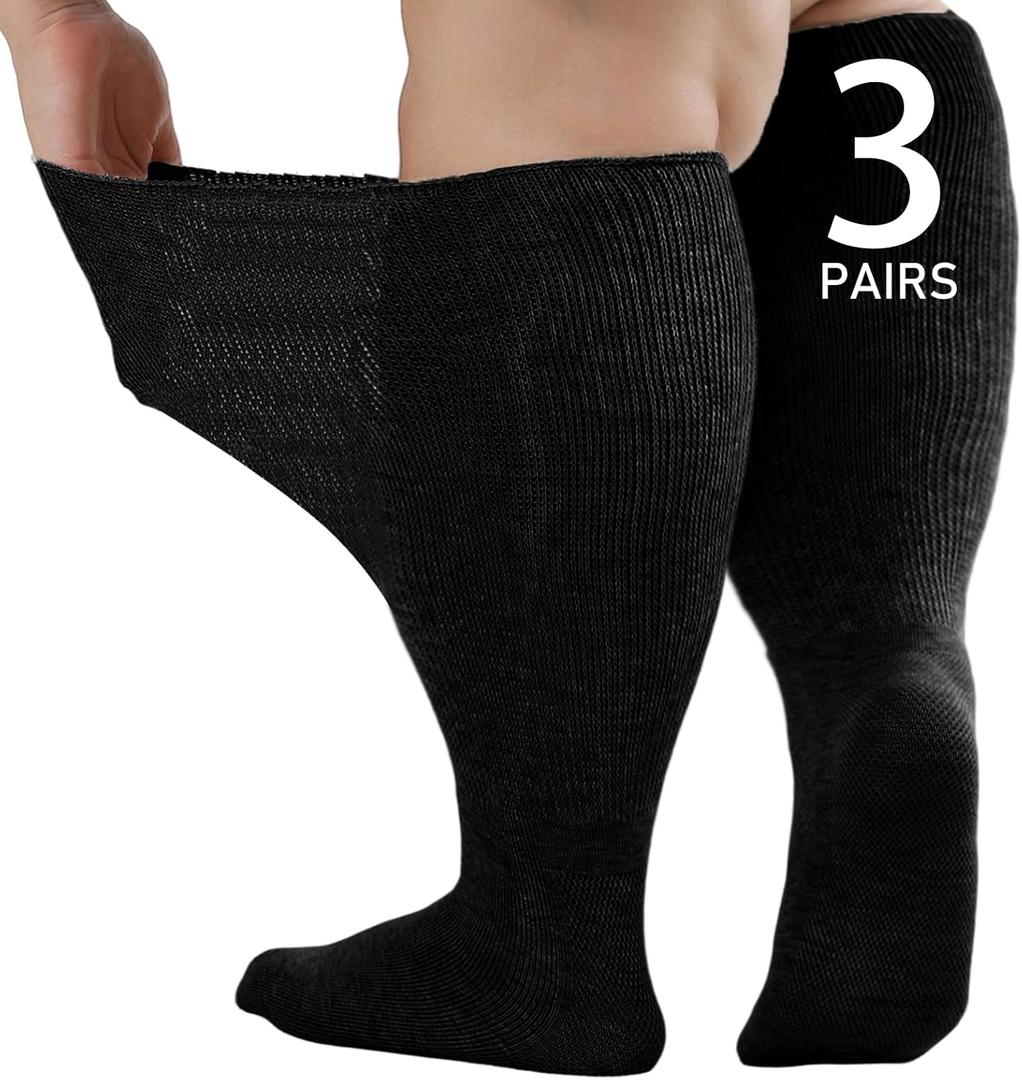 Wide Diabetic Socks for Men Women Plus Size, Extra Long Edema Sock with Thickened Sole, Non-Binding Loose Fit Socks for Swollen Feet, Lymphedema - 3 Pairs Black