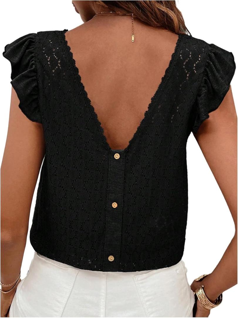 SOLY HUX Women's Lace T Shirt V Neck Ruffle Cap Sleeve Tee Casual Summer Tops (Black, S)
