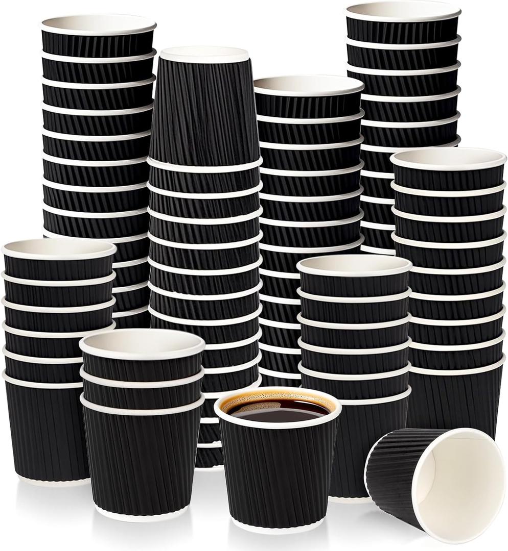 LeonBach 100 Pack 4oz Disposable Espresso Cups,Ripple Corrugated Paper Insulated Hot Cups,Mini Coffee Cups 4 oz Paper Cups for Party Picnic Hot Cold Drinks Cocoa Beverage Tea,Black