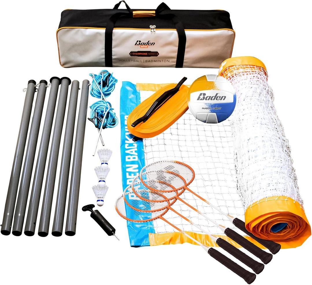 Baden Champions Volleyball/Badminton Portable Combo Set, 4 Raquets + 3 Birdies + Boundary + Volleyball + Pump + Carry Bag (32 ft Wide Net, Orange/Blue (New Model))