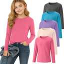 5 Pack Girls' Long Sleeve Shirts Kids Soft Crewneck Casual Loose Fit Layering Tops Basic Athletic Pullover Tee (3-4T, Apricot, Peach Pink, Lavender, Blue, Dark Gray)