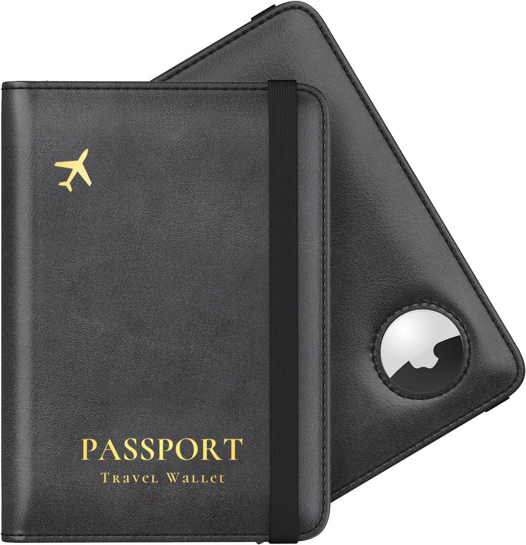 Stouchi AirTag Passport Holder, Slim Passport Holder Family with Airtag Slot, RFID Passport Wallet Cover for Men, PU Leather Passport Case, Anti-Lost Travel Accessories, Black