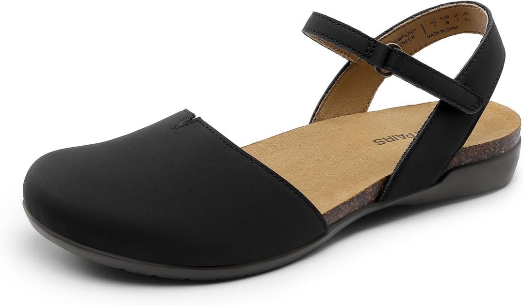 DREAM PAIRS Women's Closed Toe Sandals Arch Support Comfort Cork Footbed Flat Sandals Summer Shoes (6, Black)