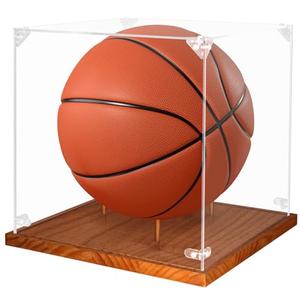 Clear Acrylic Basketball Display Case with Wood Base & Tee, Memorabilia Stand Cube Holder, Dust Protection Transparent Storage Box for Single Ball Souvenir Basketball Collections