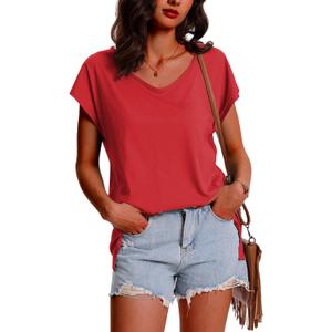 NEYOUQE Womens Summer Short Cap Sleeve T Shirts Dressy Casual Trendy Plain Workout Comfort Basic Tees Fashion Cute Tops (Red, XL)