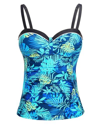 Talisea Women's Underwire Tankini Top Only Tummy Control Swimsuit Top Push Up Bathing Suit Top No Bottom Blue Leaves, Size Small