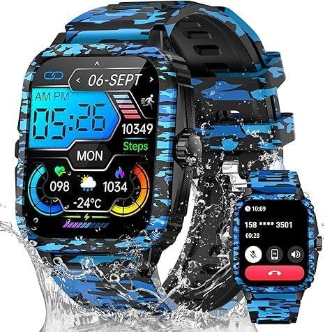 Military Smart Watches for Men (Make/Answer Call) 1.96" Screen Outdoor Activity Tracker with 100+ Sport Modes Health Monitor 3ATM Waterproof Smartwatch (Camouflage Blue)