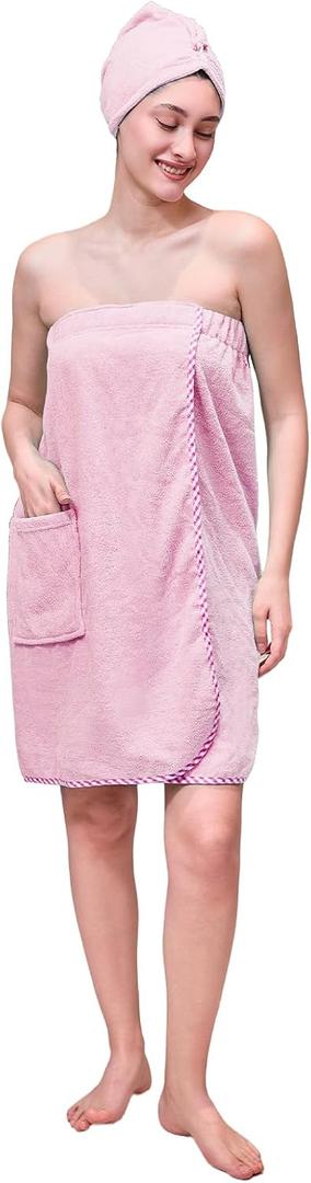Women's Lightweight Spa Wrap with Hair towel Body Wrap after Shower Adjustable Closure Bathrobe