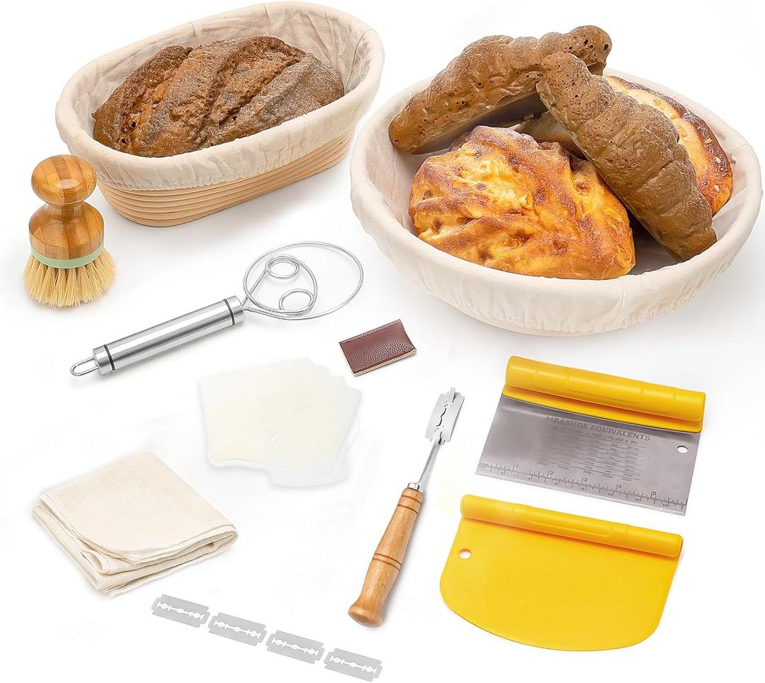 CODOGOY Banneton Bread Proofing Basket Set, Sourdough Bread Baking Supplies with 9" Round & 10" oval Handmade Natural Rattan Proofing Basket and Complete Bread Making Tools