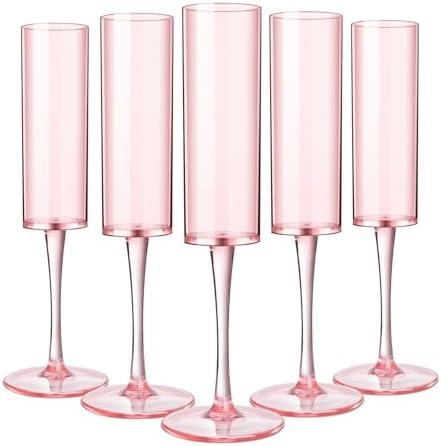 DI QIU REN 12 Pcs Pink Champagne Flutes Plastic, 6 OZ Square Pink Champagne Glasses Reusable Stemmed Wedding Champagne Flutes Unbreakable Shatterproof Wedding Toasting Flutes for Party Wedding Holiday