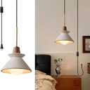 7.7" Plug in Concrete Pendant Light, Nordic Wabi Sabi Pendant Lamp with Wood Accent White Cement Pendant Light Minimalist Lamp for Living Room Bedside Kitchen Island Dining Room Apartment Dorm
