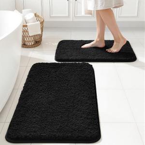 MIULEE Black Bathroom Rugs Set 2 Piece, Small Soft Absorbent Microfiber Bath Mat Set, Non Slip Quick Dry Machine Washable Plush Shaggy Bath Rugs for Bathroom Floor, Tub and Shower, 16x24 inches