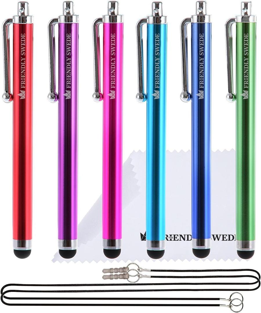The Friendly Swede Stylus Pen for Touchscreen  4.5" Stylus Pen for iPad, iPhone & Android - 6-Pack Including 2 x 15 Lanyards and Screen Cleaning Cloth - Red/Purple/Pink/Light Blue/Dark Blue/Green