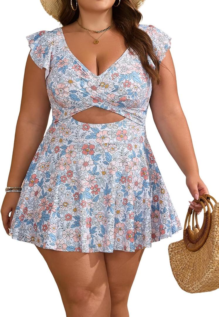 B2prity Women's Plus Size Swimsuit Tummy Control One Piece Swimdress Ruffle V Neck Cutout Wrap Bathing Suit with Skirt (XX-Large, Orange Floral Printed)