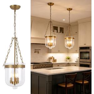 BYOLIIMA Glass Pendant Light 3-Lights Modern Farmhouse Candle Chandelier with Clear Glass Shade Adjustable Chain Ceiling Hanging Light Fixture for Kitchen Island Dining Room Living Room Foyer Bedroom