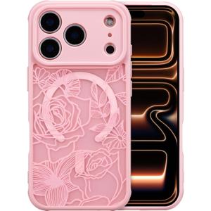 XIZYO Magnetic Case for iPhone 17 Pro Max Floral Rose Cute Phone Case [Compatible with Magsafe] for Women Girls Aesthetic Pattern Slim TPU Shockproof Bumper Cover, Pink