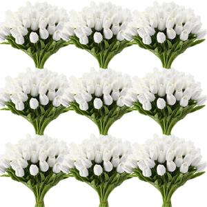 Janinka 75pcs Artificial Tulip Flowers Fake PU Tulips Faux Latex Bouquet Flower Centerpieces Arrangement Floral for Mother Day Wedding Spring Decorations (White)