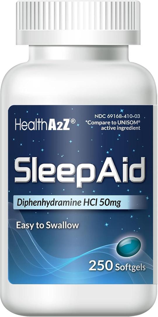 HealthA2Z Sleep Aid, Diphenhydramine Softgels, 50mg, Supports Deeper, Restful Sleeping (250 Counts) (250 Count (Pack of 1))
