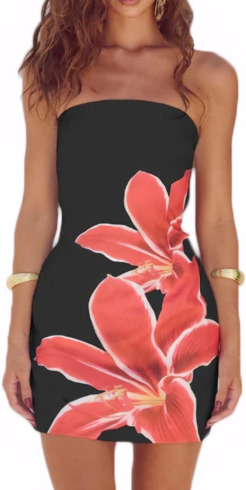 Women Sexy Strapless Floral Pattern Bodycon Tube Mini Dress Summer Skinny Sleeveless Backless Bandeau Tube Dress (Large, Black)
