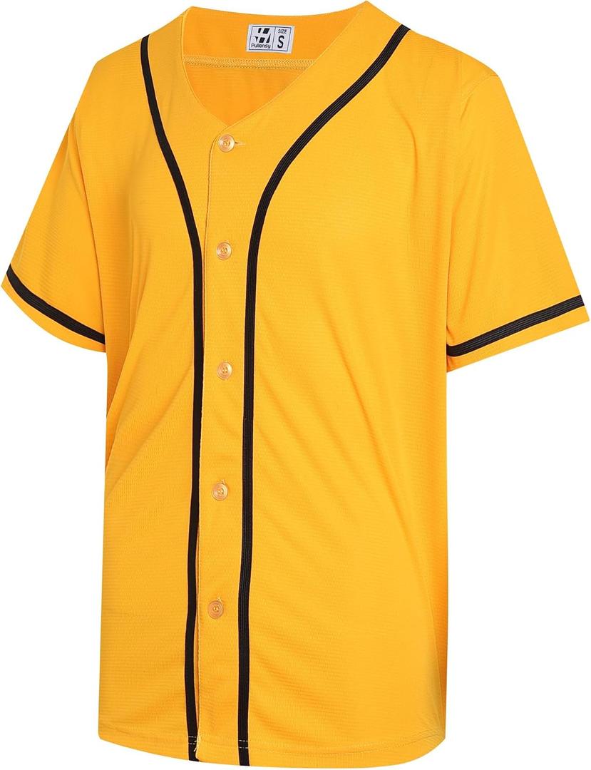 Blank Baseball Jersey for Men Women Full Button Up Short Sleeves Shirts Hip Hop Hipster Sports Uniforms (Yellow, S)