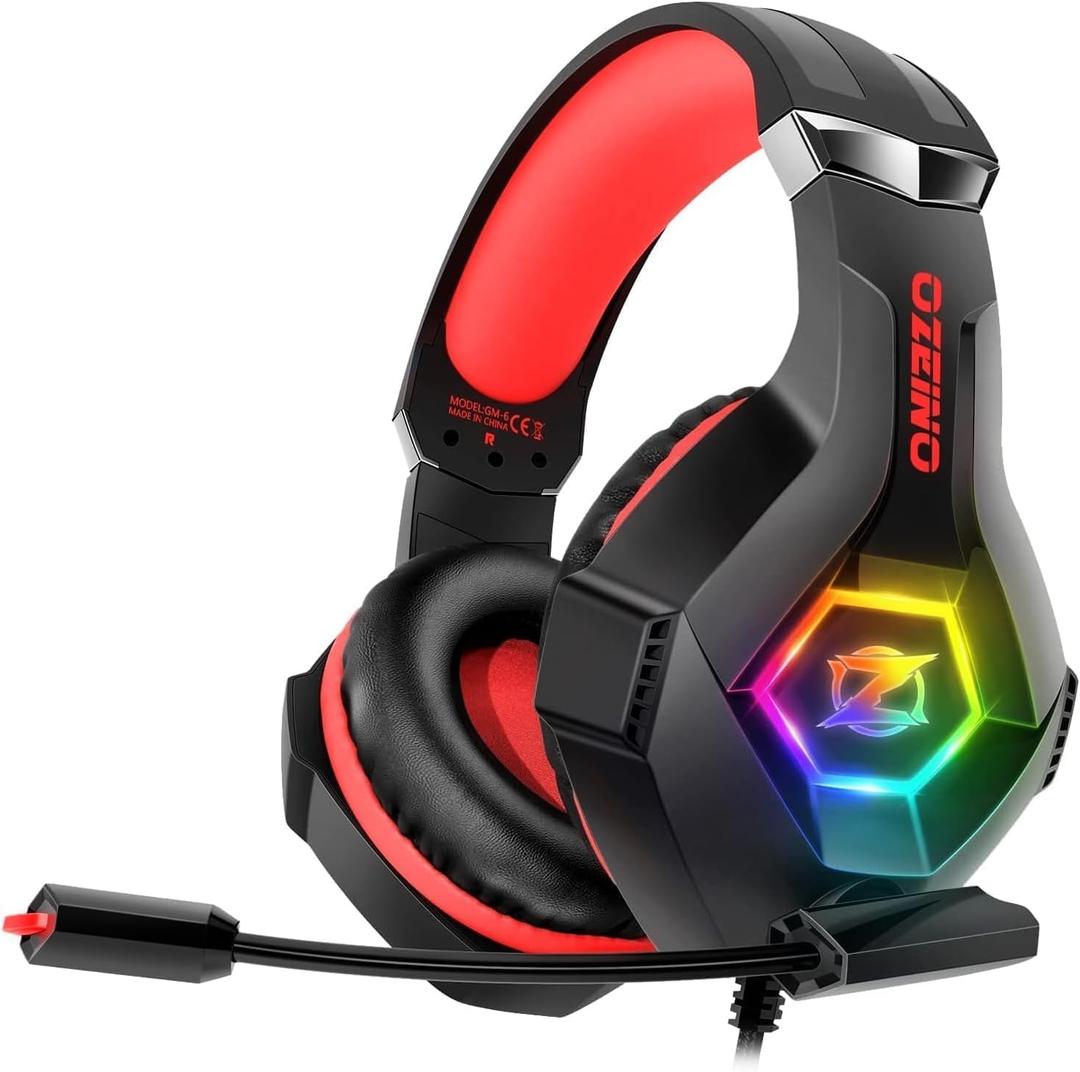 Ozeino Gaming Headset for PC, Ps4, Ps5, Xbox Headset with 7.1 Surround Sound, Gaming Headphones with Noise Cancelling Mic RGB Light Over Ear Headphones for Xbox Series X/S, Switch -Red