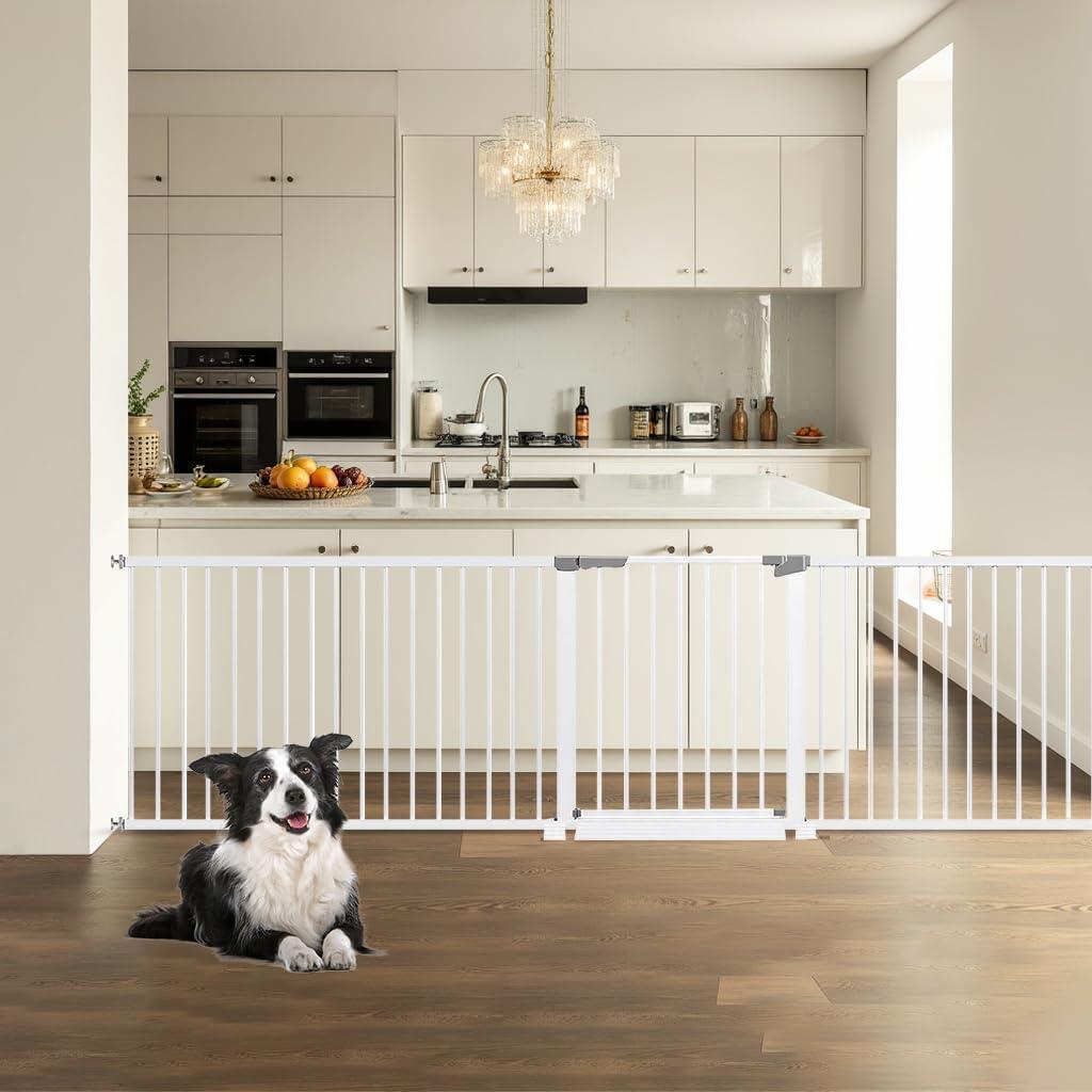 61"-113" Extra Wide Baby Gate for Stairs. Large Child Gate Extra Long. Auto Close Safety Baby Gates, Durability Dog Gate for The House, Doorways. Gates for Dogs Indoor, White Pressure Pet Gate.