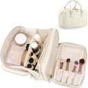 Travel Makeup Bag for Women Fashion Large Capacity Pouch Open Flat Cosmetic Portable Organizer Waterproof Large Opening Storage Toiletry Bags Vertical Free-Standing Brush Holder for Easy Access Beige