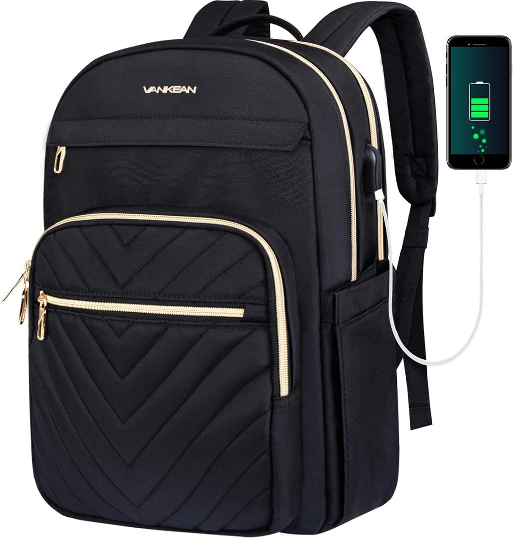VANKEAN 15.6 Inch Laptop Backpack for Women Men Work Bag Fashion with USB Port, Waterproof Backpacks Nurse Stylish Travel Bags Casual Daypacks for College, Business, Black