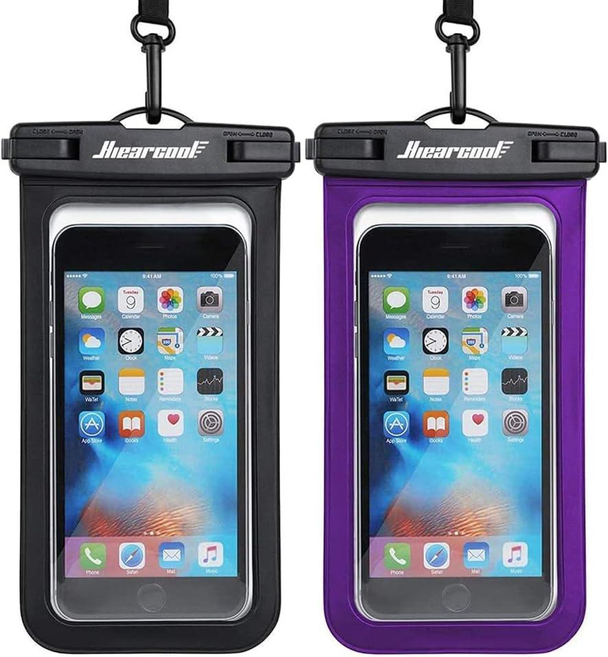 Hiearcool Universal Waterproof Phone Pouch Compatible for iPhone 16 15 14 13 Pro Max Plus Up to 8.3", IPX8 Beach Travel Essentials-Black&Purple-2Pack
