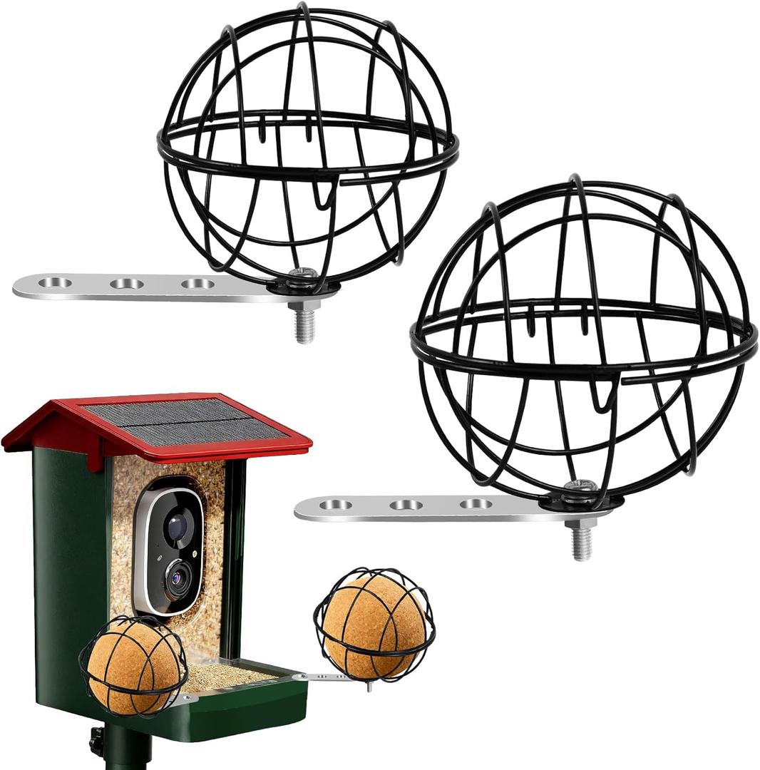 Metal Suet Ball Holder, Black Bird Suet Ball Cage Durable Bird Feeder Accessories with 5mm Screw Hole and 2PCS Perch Extender Compatible with Outdoor Smart Feeders (2 PCS-Dia 3.15", Dia 2.75")