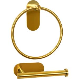 Self Adhesive Towel Ring And Toilet Paper Holder, Stainless Steel Bathroom Hardware Set (Gold)