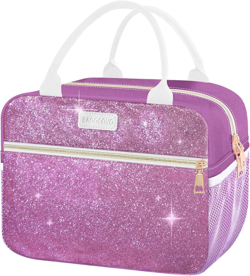 Lunch Bag For Women, Leakproof Glitter Lunch Box, Cute Lunch Tote Bag Adult, Large Capacity Insulated Reusable Cooler Lunch Containers for Work Travel Picnic or Office (Purple Bling Sparkle)