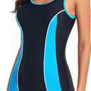 Ocean Blues Women's Boyshort Swimsuit with Built-in Bra Active One Piece Bathing Suit Modest Athletic Swimwear (Blue, L)