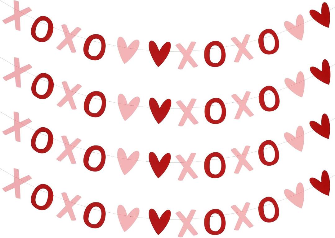 4Pcs XOXO Heart Garland Red and Pink, Valentines Day Decorations,Valentines XOXO Decor,Heart Hanging Garland, Valentines XOXO Banner Heart Decorations