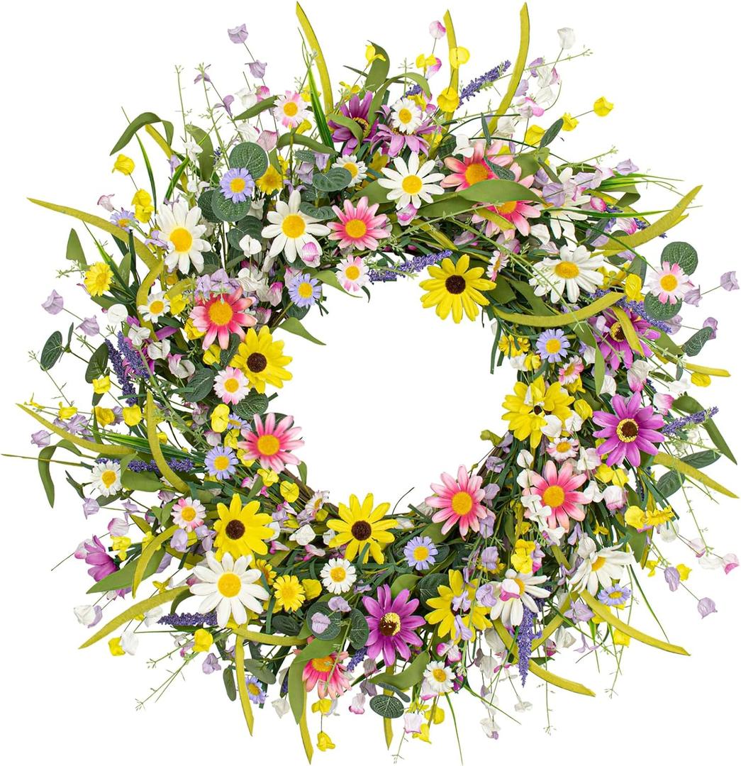 Yawwind 24 Inches Summer Wreaths for Front Door Spring Flower Wreaths Summer Door Wreath Colorful Wildflower Wreath with Daisy Lavender for Window Indoors Outdoor Decor