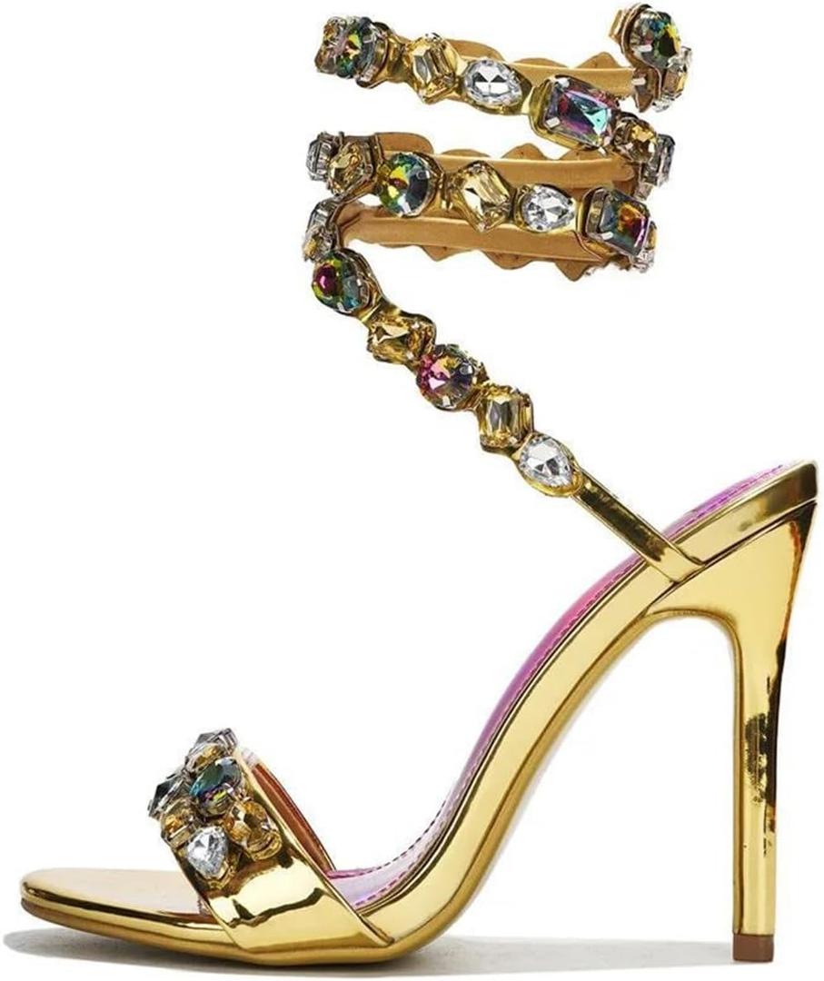 LISHAN Women's Diamante Rhinestones Studded Stilettos Ankle Wrap High Heels (9.5, Gold)