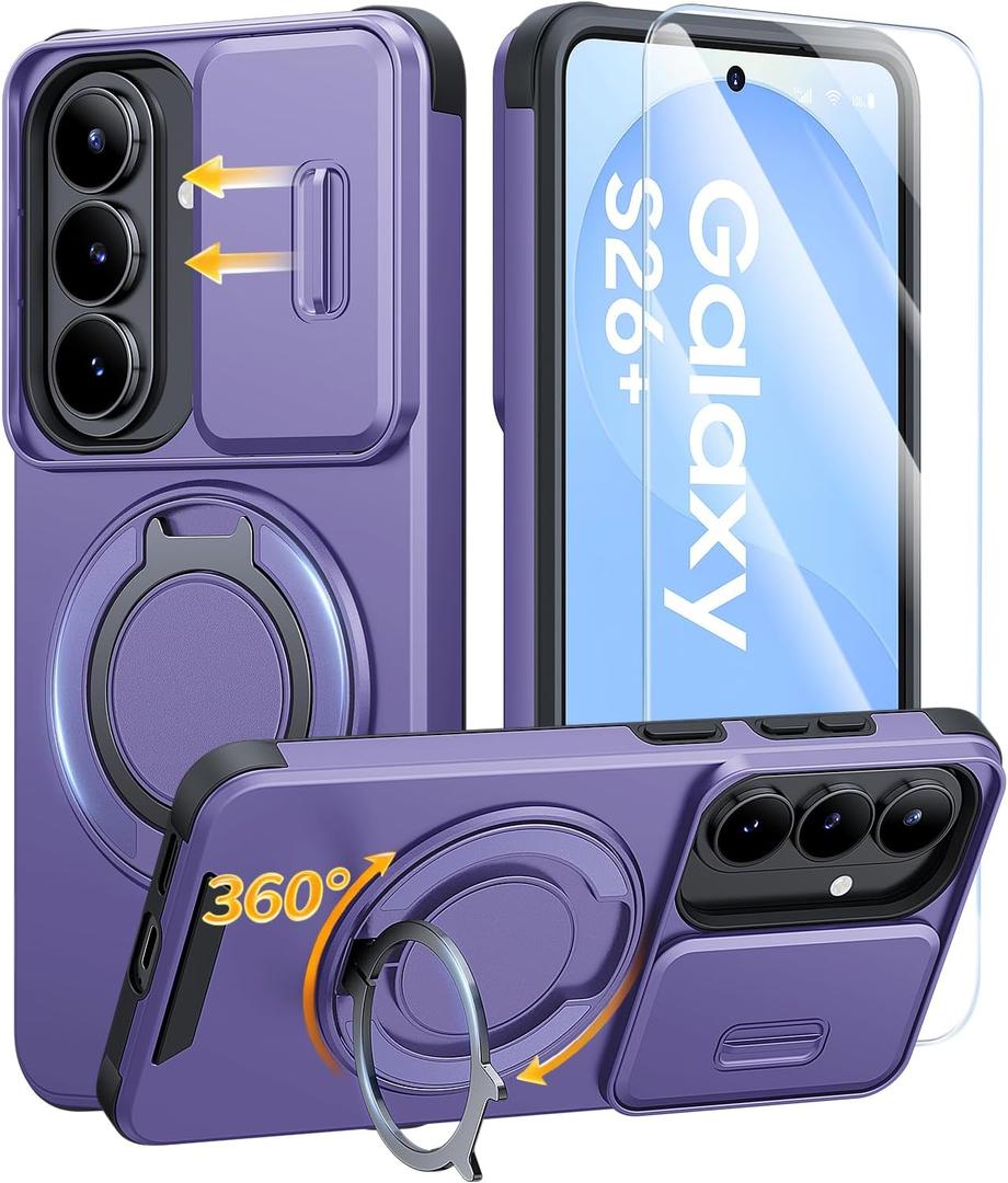 JAME for Samsung Galaxy S26+ Plus Case, Ring Holder Stand Kickstand, Slide Camera Cover with Screen Protector, Dual-Layer Shockproof Protective, Magnetic Accessory Friendly S26 Plus Phone Case, Purple