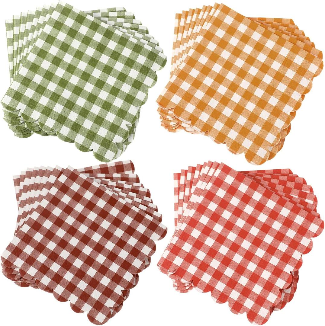 Dinifee 240 Pcs Scalloped Cocktail Napkins Bulk 5 x 5 Inch Gingham Plaid Paper Napkins Disposable Gradient Color Decorative for Wedding Birthday Bridal Anniversary Party Supplies(Fall)