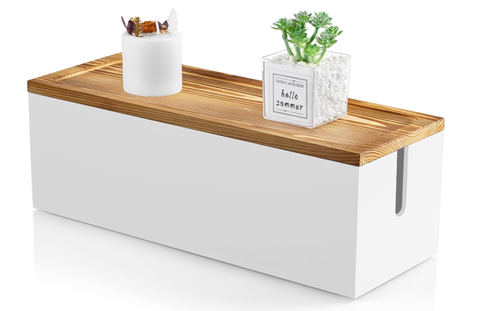 Bivvclaz Large Cable Management Box, Wooden Cord Organizer Box for Desk, Floor, Office to Hide Extension Cords Power Stripes Surge Protectors Chargers Wires, White