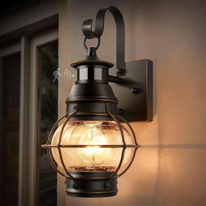 Lamomo Black Outdoor Light,Exterior Front Porch Lights for House,Dusk to Dawn Motion Sensor Lights,Waterproof Anti-Rust Wall Mount Lantern for Outside,Garage(NO Bulb) (1 Pack, Golden Strip)