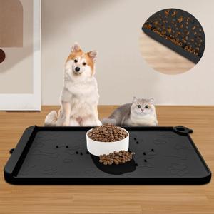 Dog Food Mat, Silicone Dog Mat for Food and Water -Pet Feeding Mats with Residue Collection Pocket, Waterproof Dog Cat Bowl Mats with Raised Edges and Hooks, Placemats for Cats and Dogs Water Bowl (28''x20'', Black)