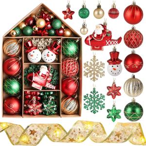 DomeStar Christmas Ball Ornaments Set, Xmas Balls for Tree Decor with House Shape Box for Christmas Wedding Engagement DIY (Red/Green/Gold)
