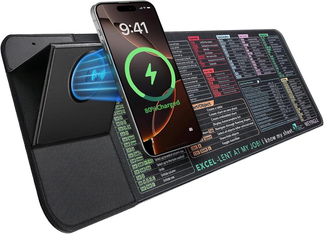 Excel Shortcut Keys with Wireless Charging Phone Holder Gaming Mousepad Desk Mat 15W Qi Smooth Surface Non-Slip Extended Computer Keyboard Mat for MacBook PC Laptop